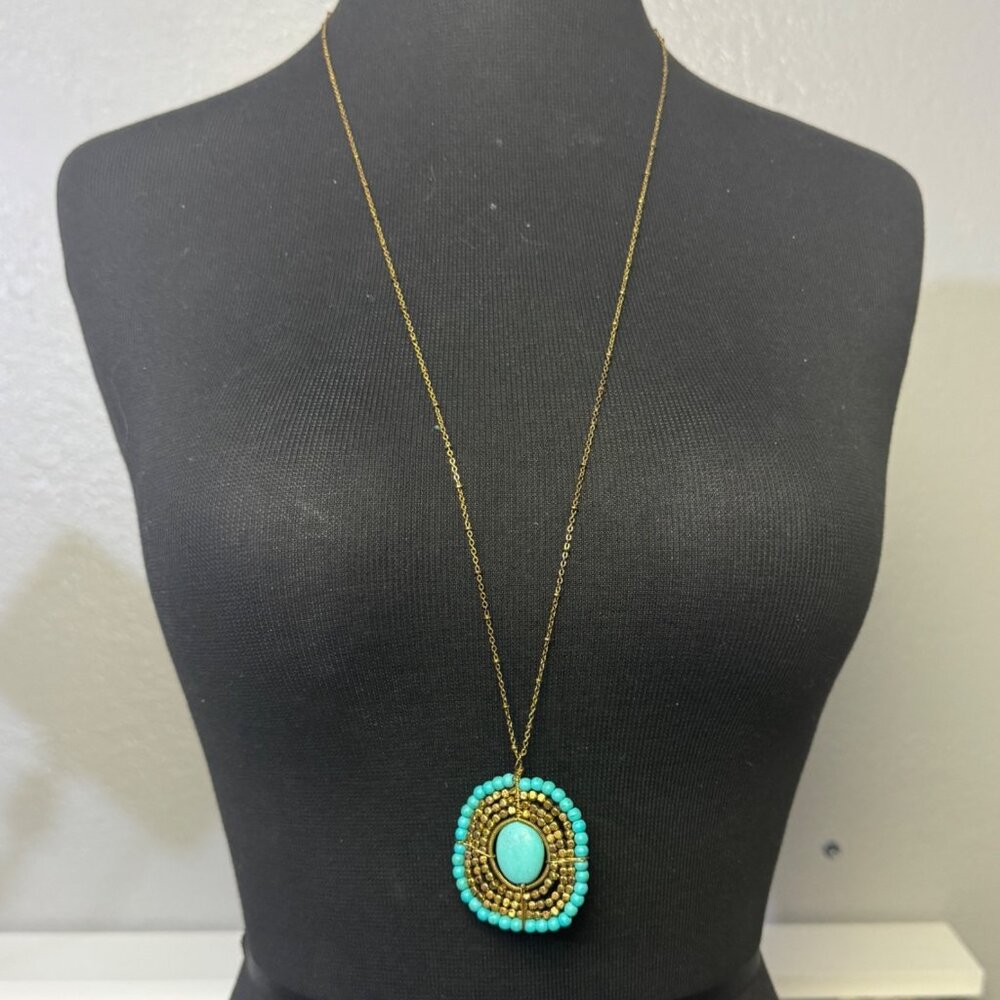 Turquoise Beaded Pendant Gold Chain Necklace 32 Inches Adjustable Lobster Clasp